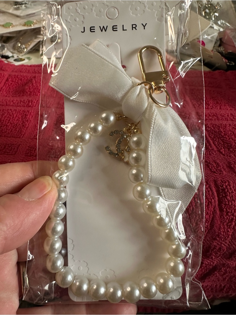 Pearl White Pearl Bead Key & Card Holder with Gold Hardware